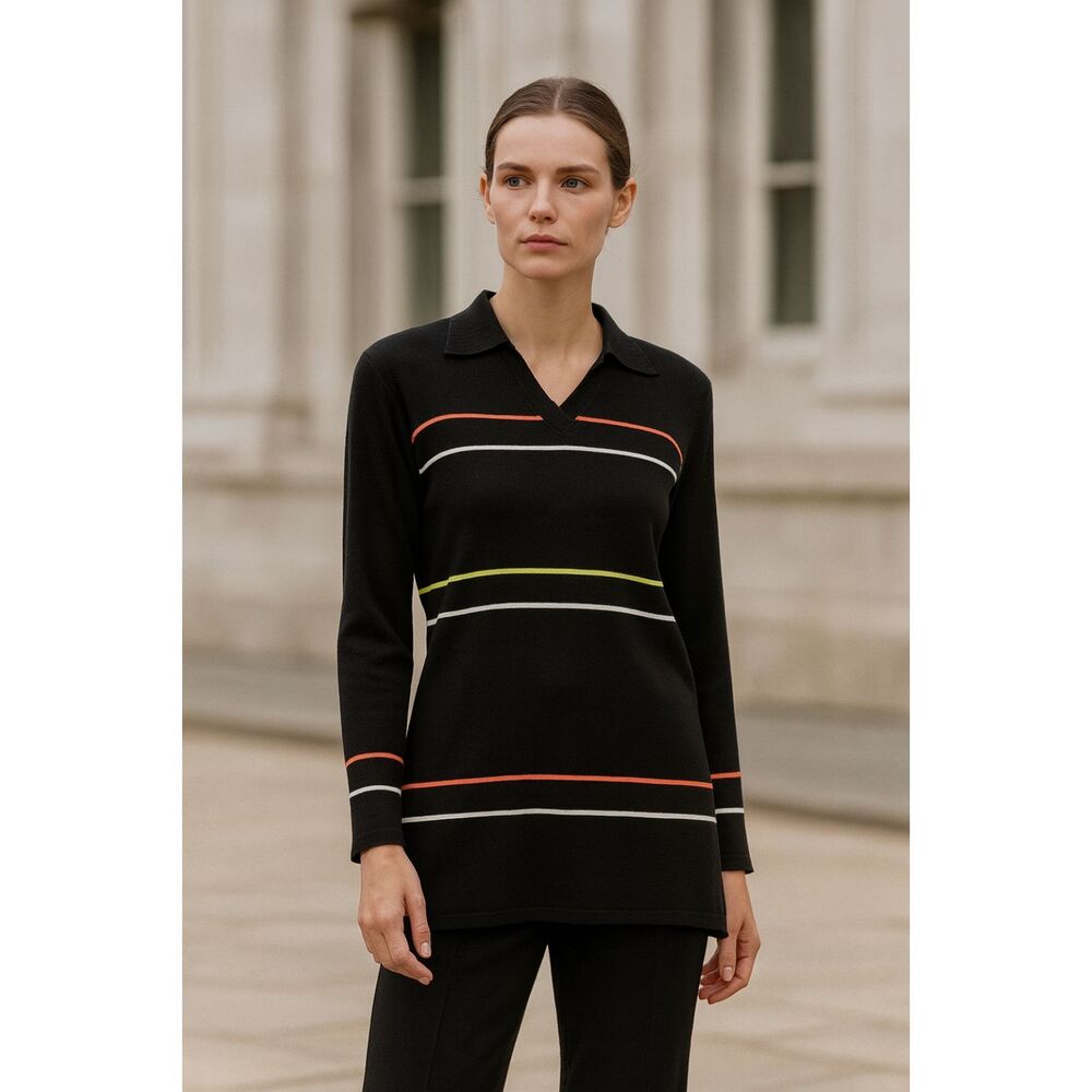 Misook Black Striped Ribbed Collared Tunic XS NWOT